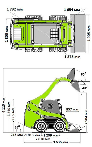 Габаритные характеристики мини-погрузчика Zoomlion ZS085V